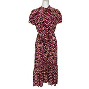 Anthropologie Corey Lynn Calter Annabel Geo Shirtdress XS Pink Black Ruffle Midi